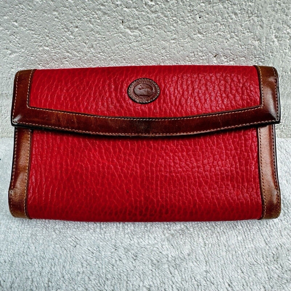 Dooney & Bourke Red Leather Clutch with Brown Trim and Logo